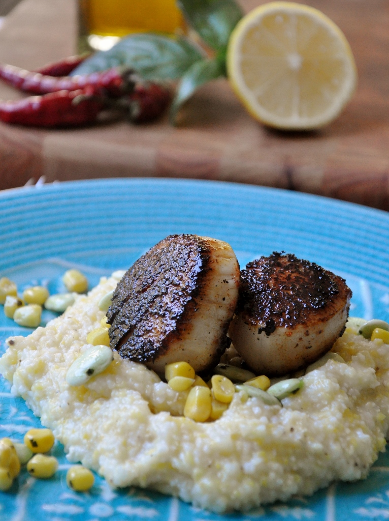 Blackened Scallops with Cheese Grits and Basil-Olive oil Succotash