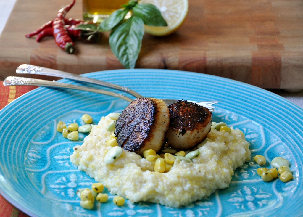 Blackened Scallops with Cheese Grits and Basil-Olive oil Succotash