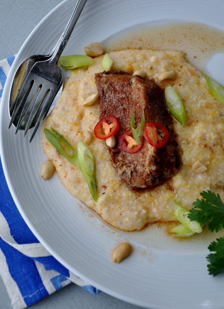 Slow-Cooked Lager-Infused Country-Style Ribs and Organic Stone Ground Kimchi Grits w Peanuts