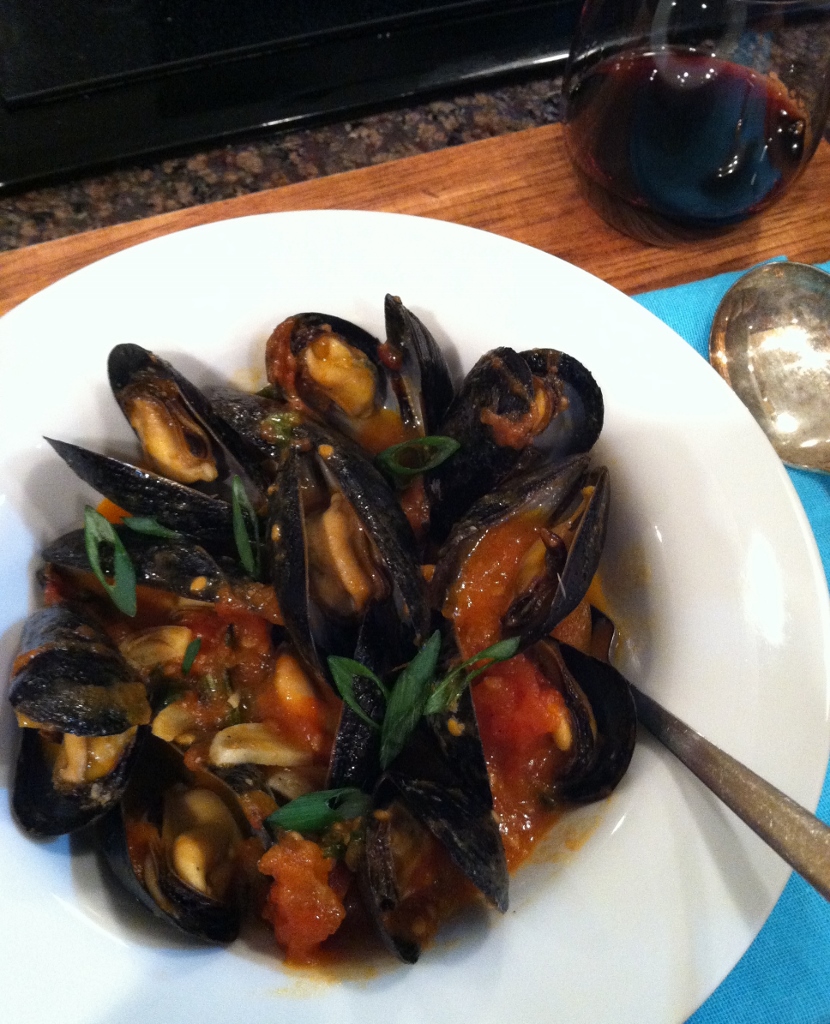 Mussels with Tomato-Peanut Satay Broth w Garlic & Basil Seafood Lady