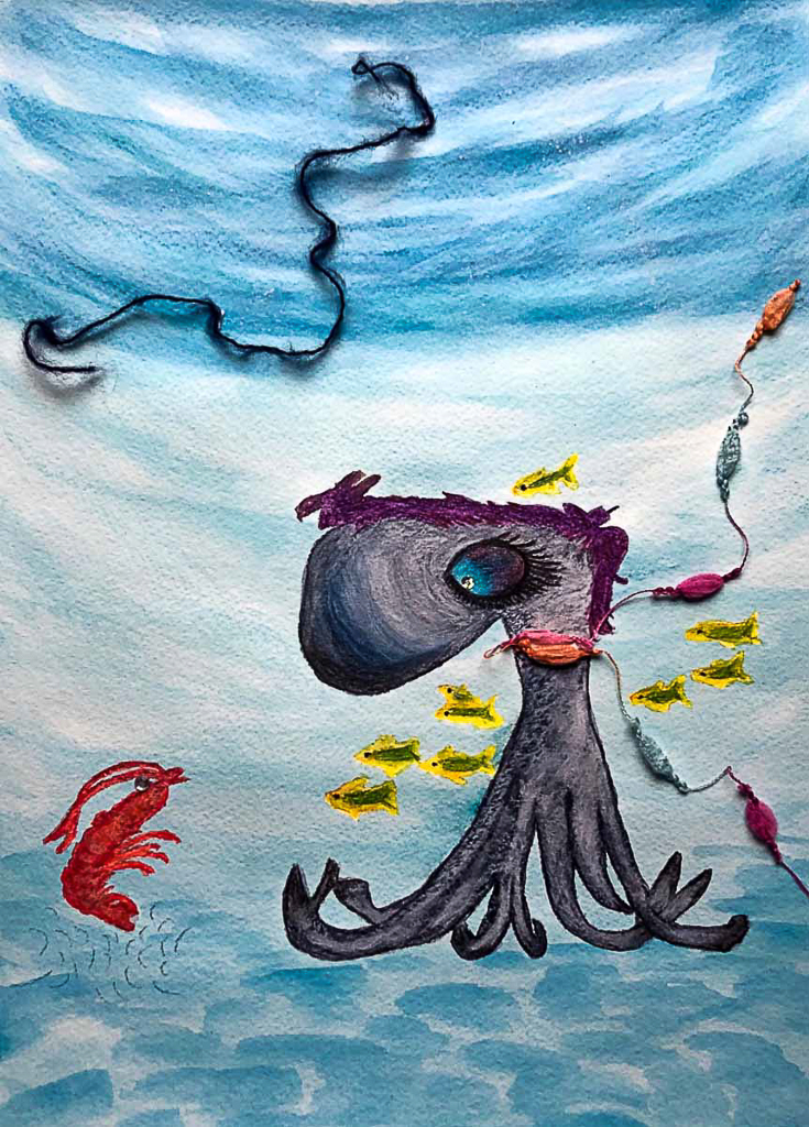 Ocean Friends: Octavia the Octopus and Shelley the Shrimp, mixed media watercolor 