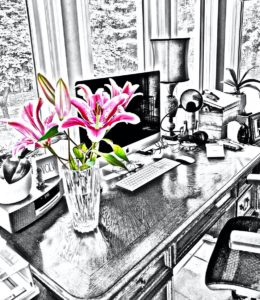 black and white photo of a desk with pink Asian lilies