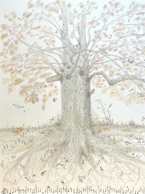 Oak tree with autumn foliage, musical notes to Beethoven's Ode to Joy in the root system