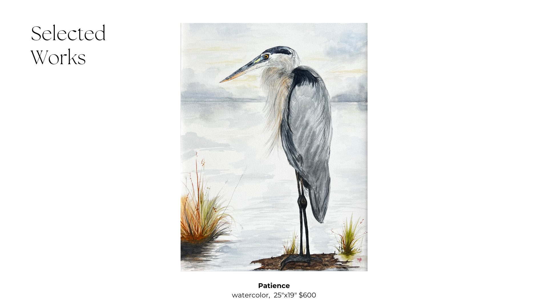 great blue heron watercolor standing erect on a log with a pale blue water and sky background, autumn-colored tufts of seagrass in the foreground